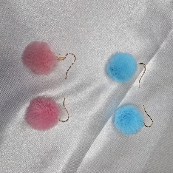2 Pairs Pink and Blue Pom Pom Earrings - Picture 6 of 9